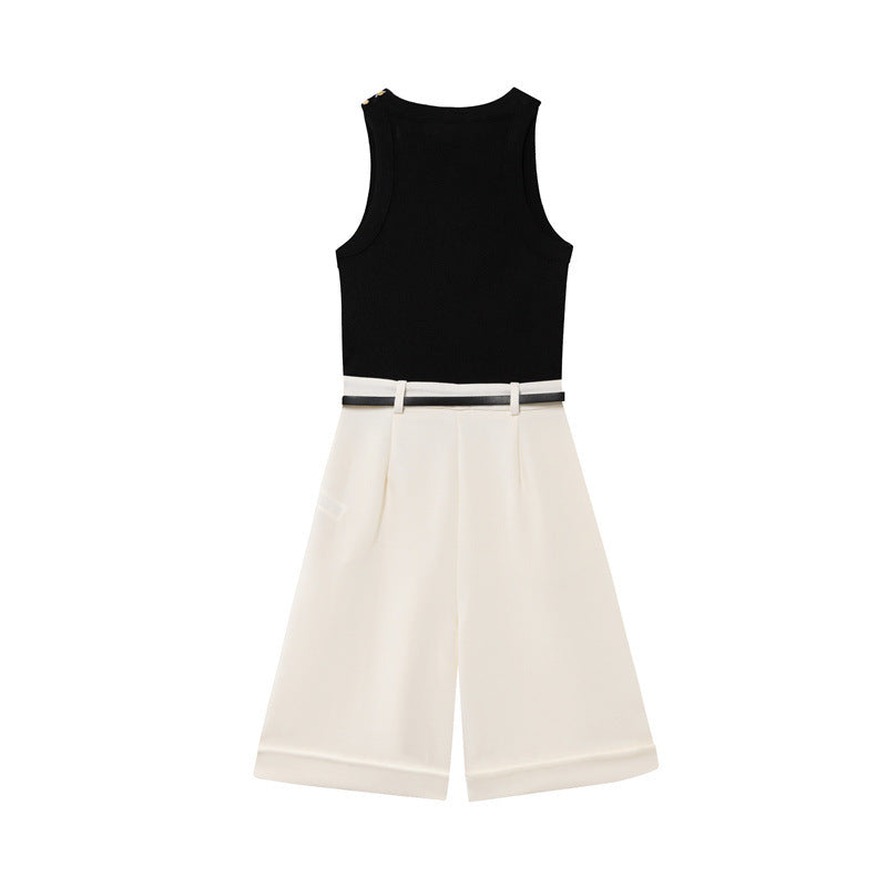 European And American Style Fashion With Belt Short Stitching Jumpsuit