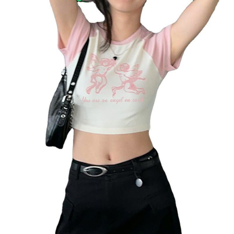 Fashion Angel Print Crewneck T-shirt Women's Bump Color Insert Shoulder Short Sleeve Crop Slim Short Casual Top