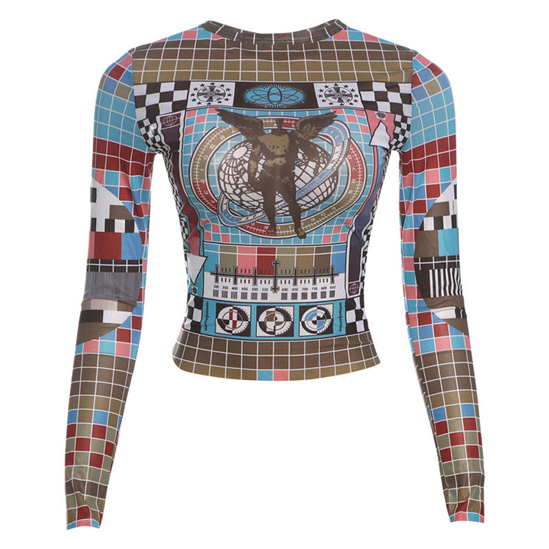 Fashion Personality Round Neck Long Sleeve Tight Midriff-baring Top Women
