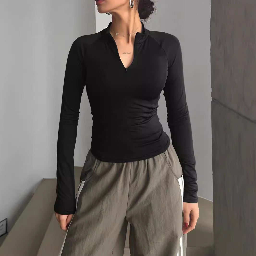 European And American Sports Style Long-sleeved T-shirt Solid Color Y2g Half-open Collar Short Top