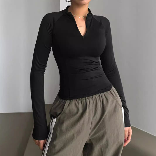 European And American Sports Style Long-sleeved T-shirt Solid Color Y2g Half-open Collar Short Top