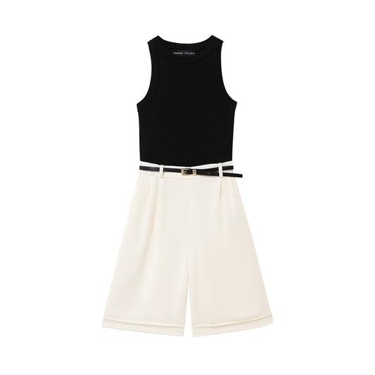 European And American Style Fashion With Belt Short Stitching Jumpsuit