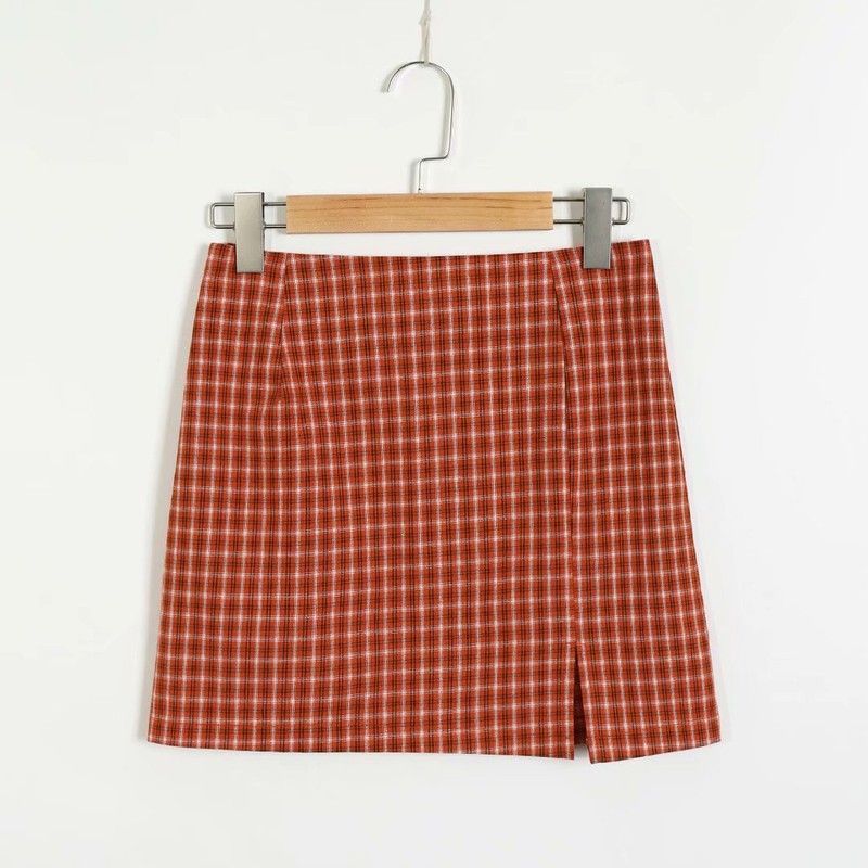 Checked high-rise slim slimming split skirt