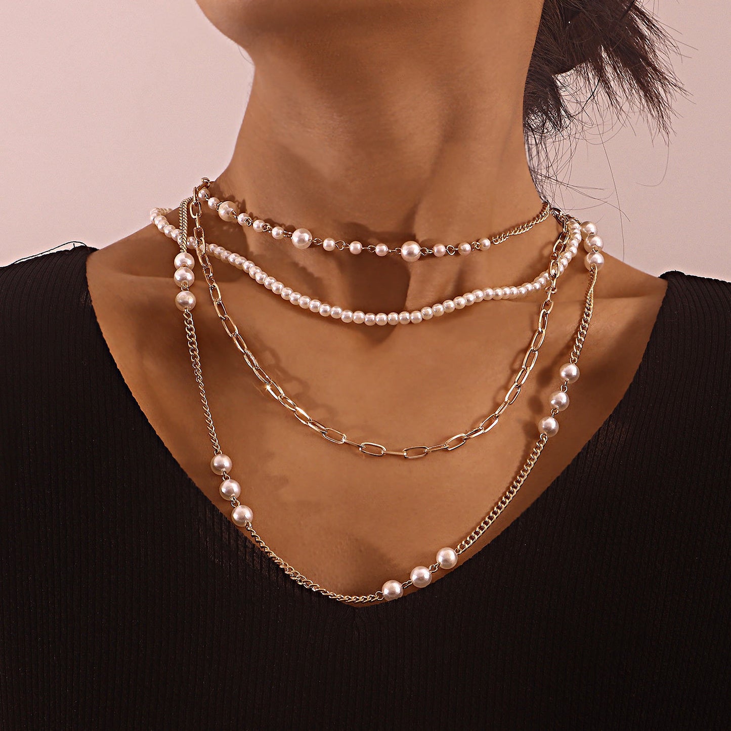 Multi-layer Bamboo Pearl Thin Chain Necklace Women