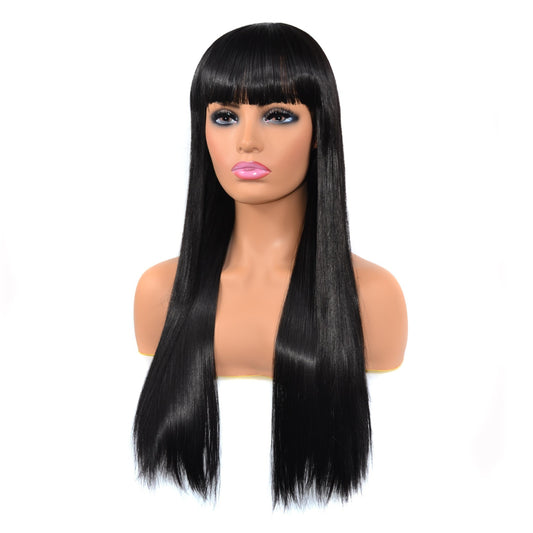 Amazon African Wig Headgear Female Long Straight Hair Full Bangs Wig Headgear Flat Bangs Wig Straight