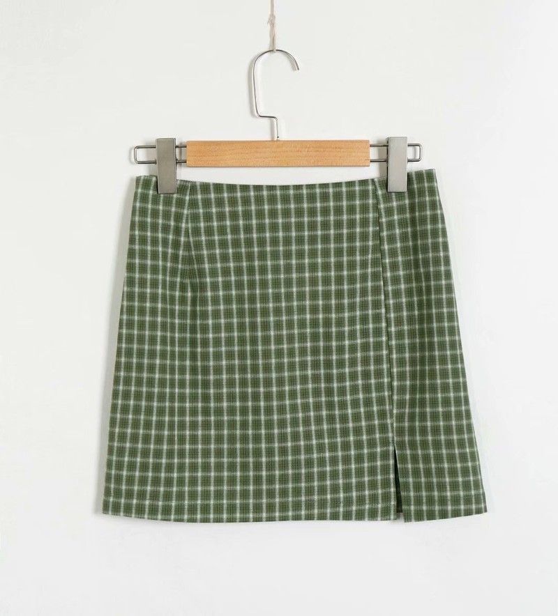 Checked high-rise slim slimming split skirt