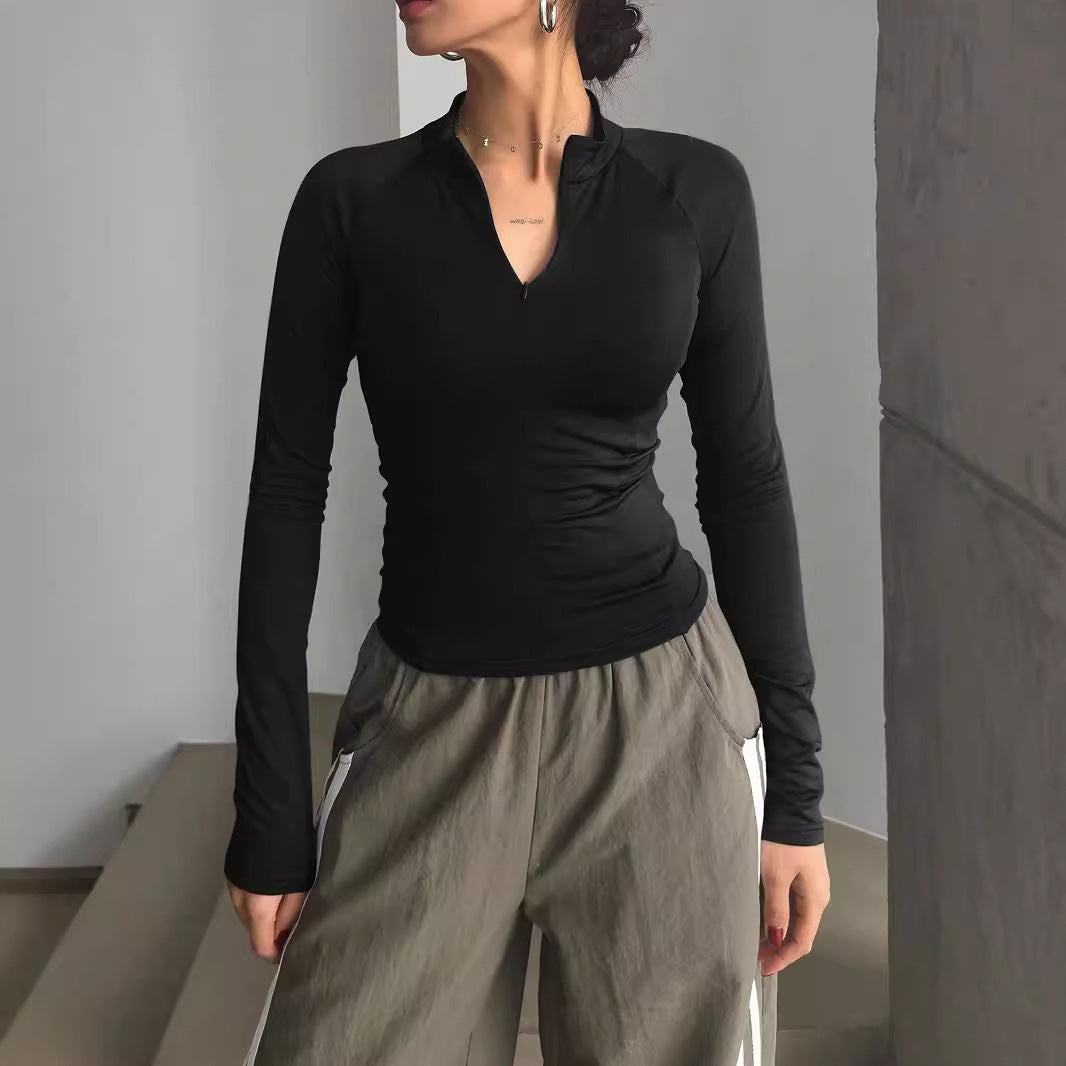 European And American Sports Style Long-sleeved T-shirt Solid Color Y2g Half-open Collar Short Top