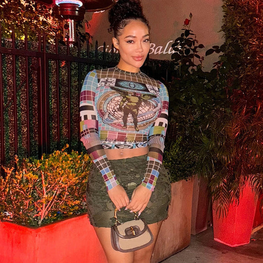Fashion Personality Round Neck Long Sleeve Tight Midriff-baring Top Women