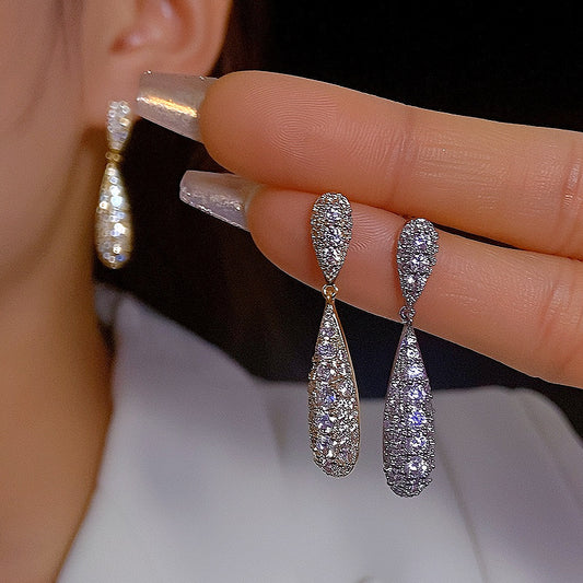 New Micro Inlaid Zircon Long Water Drop Earrings