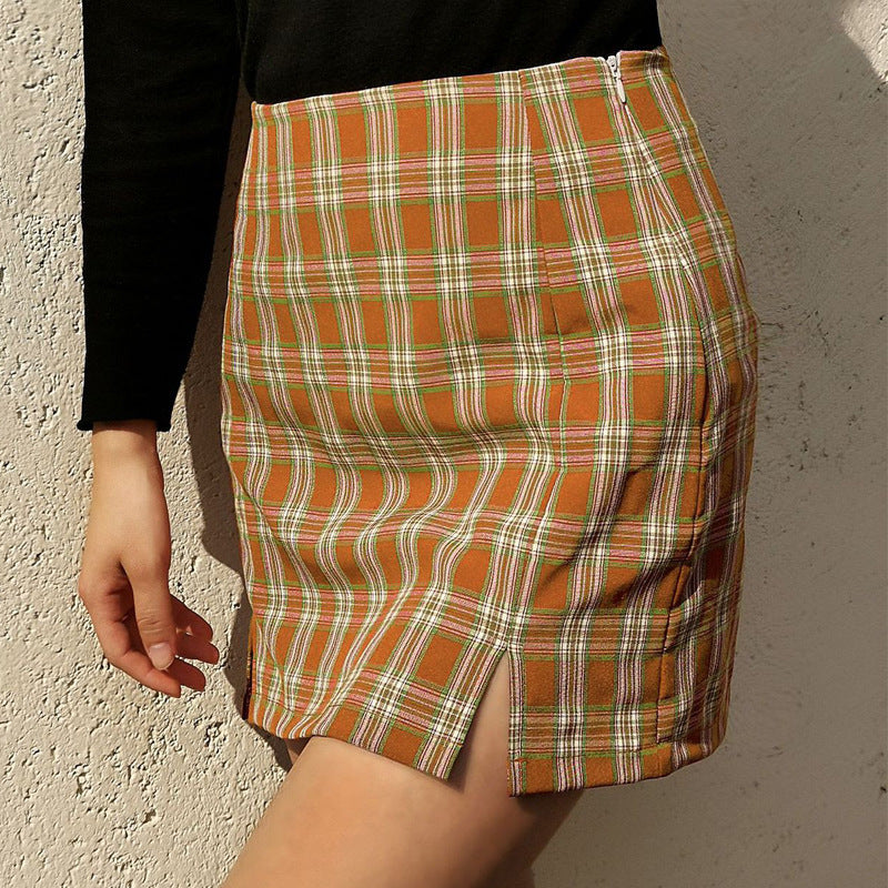 Checked high-rise slim slimming split skirt
