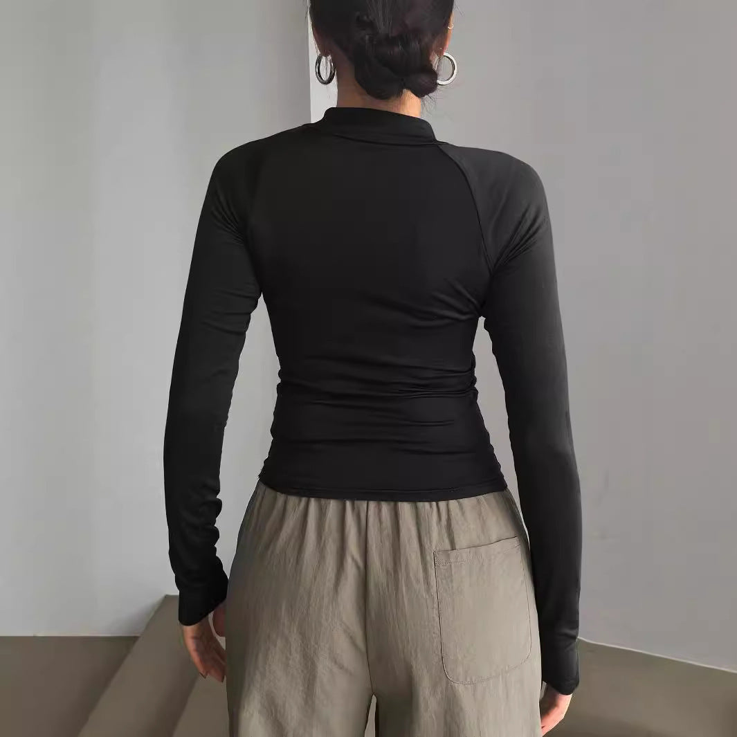 European And American Sports Style Long-sleeved T-shirt Solid Color Y2g Half-open Collar Short Top