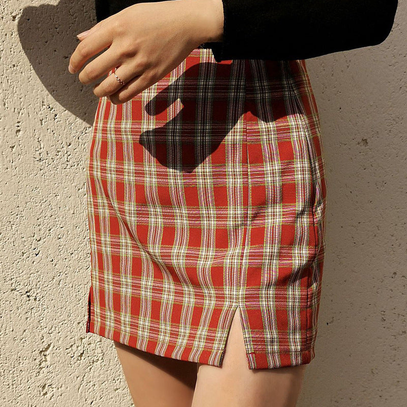 Checked high-rise slim slimming split skirt