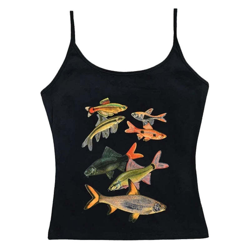 Abstract Goldfish Printed Square Collar Personality Slim Fit Sling