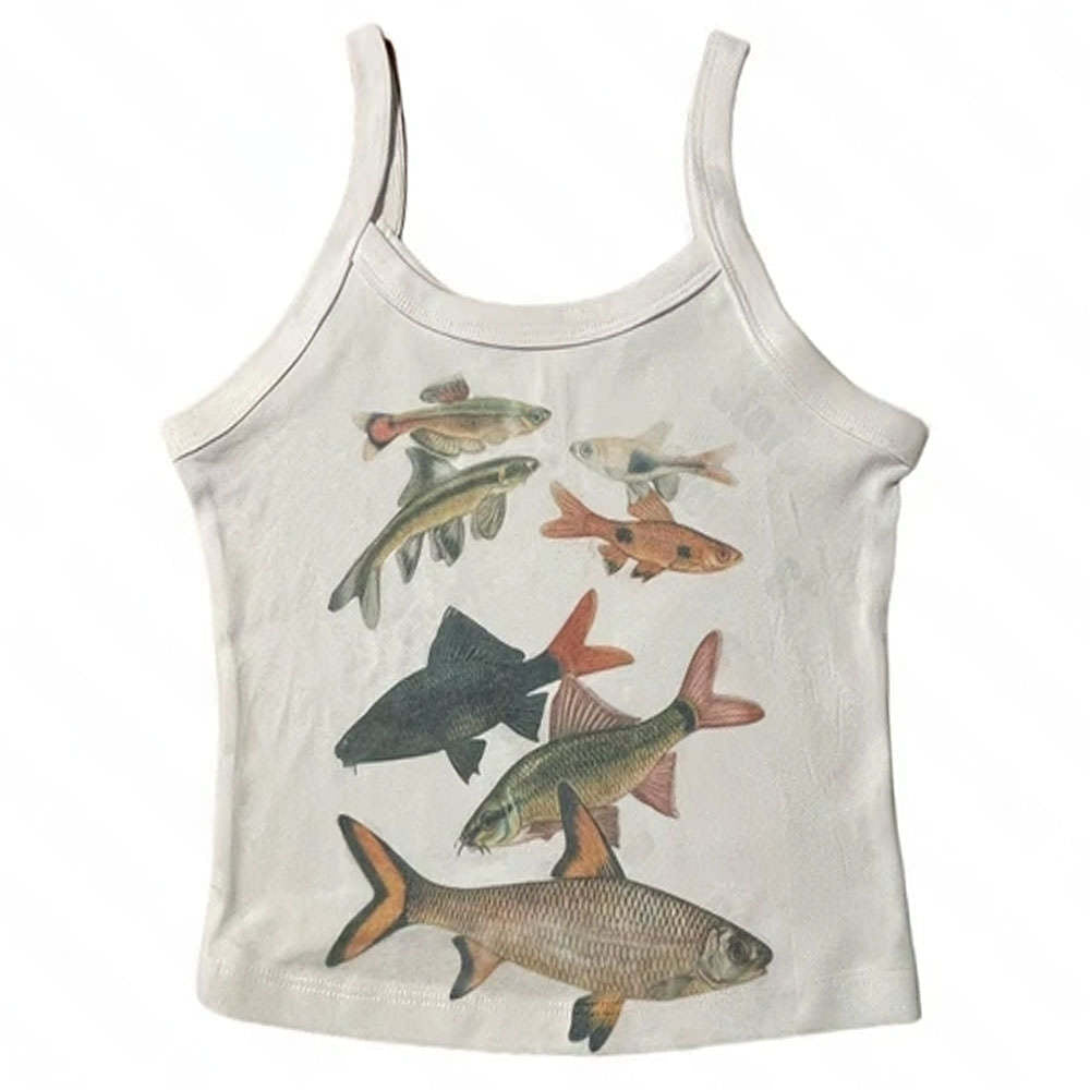 Abstract Goldfish Printed Square Collar Personality Slim Fit Sling