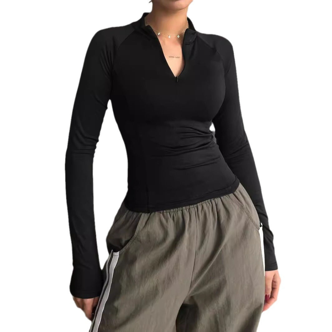 European And American Sports Style Long-sleeved T-shirt Solid Color Y2g Half-open Collar Short Top