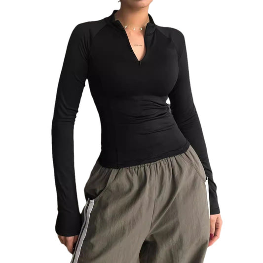 European And American Sports Style Long-sleeved T-shirt Solid Color Y2g Half-open Collar Short Top