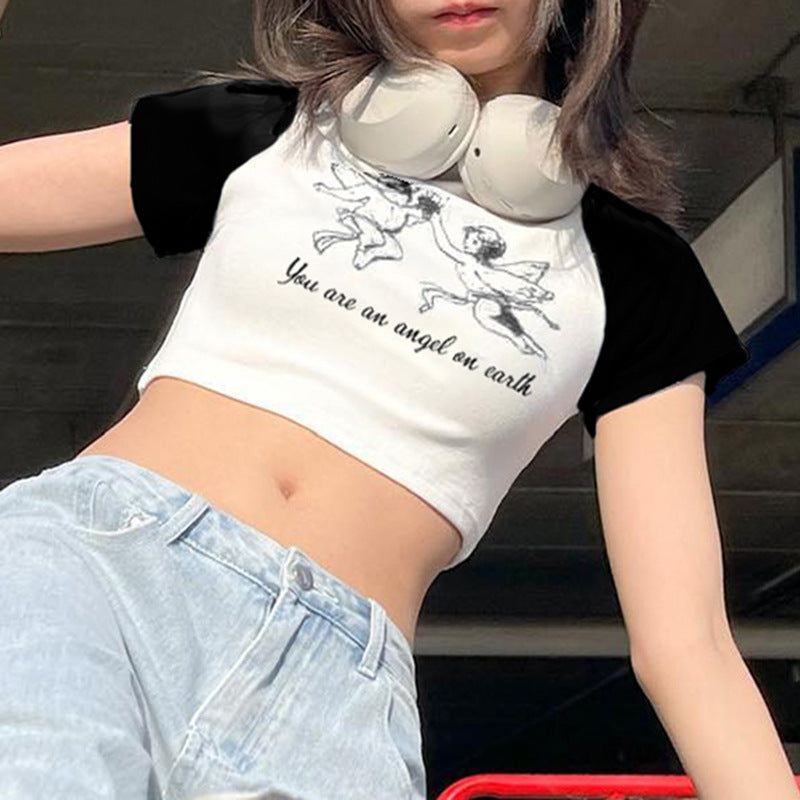 Fashion Angel Print Crewneck T-shirt Women's Bump Color Insert Shoulder Short Sleeve Crop Slim Short Casual Top