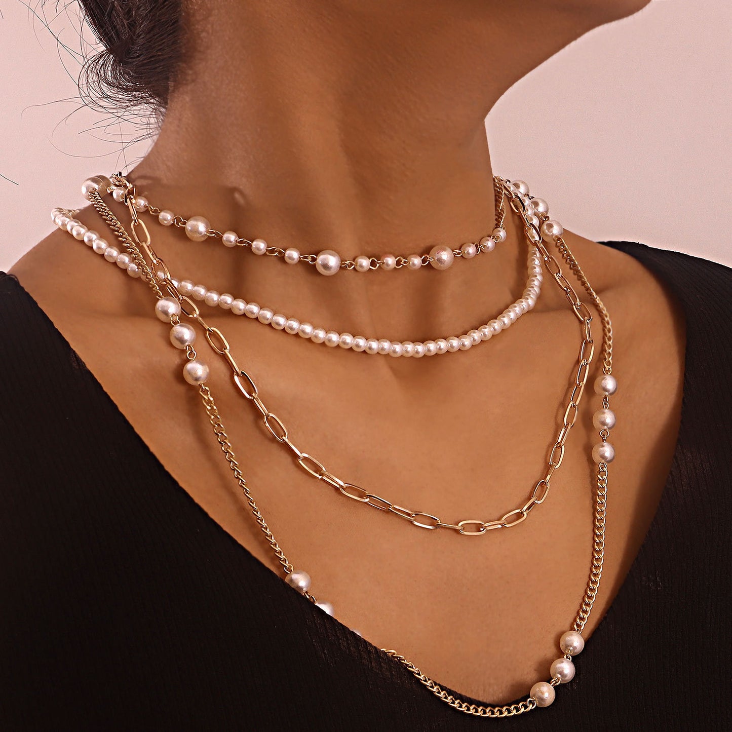 Multi-layer Bamboo Pearl Thin Chain Necklace Women