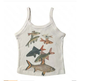 Abstract Goldfish Printed Square Collar Personality Slim Fit Sling