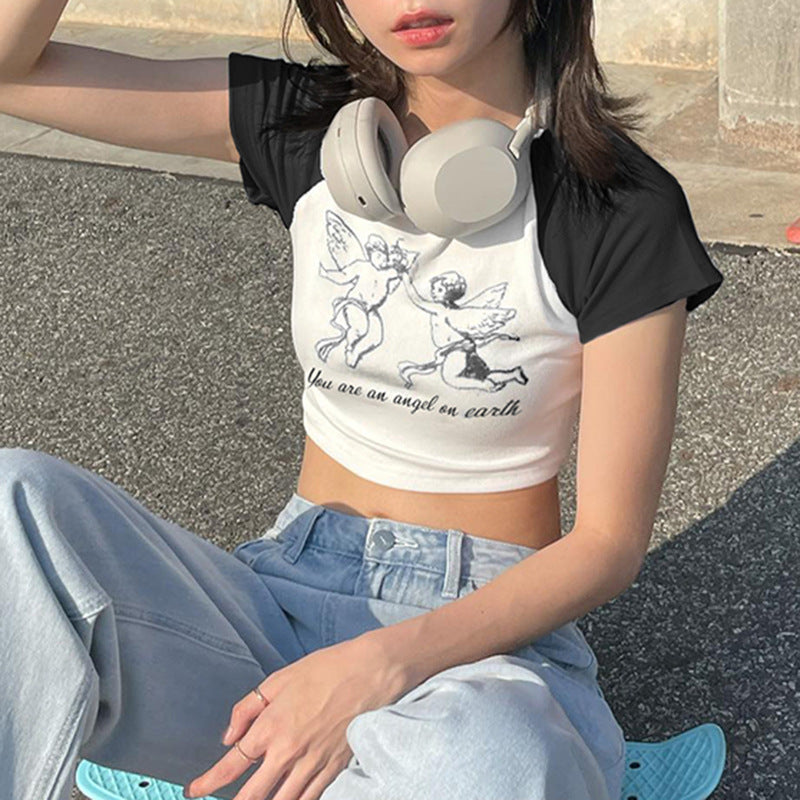 Fashion Angel Print Crewneck T-shirt Women's Bump Color Insert Shoulder Short Sleeve Crop Slim Short Casual Top