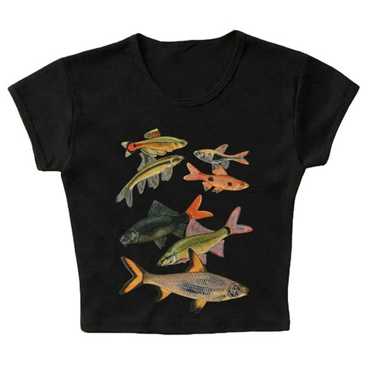 Abstract Goldfish Printed Square Collar Personality Slim Fit Sling