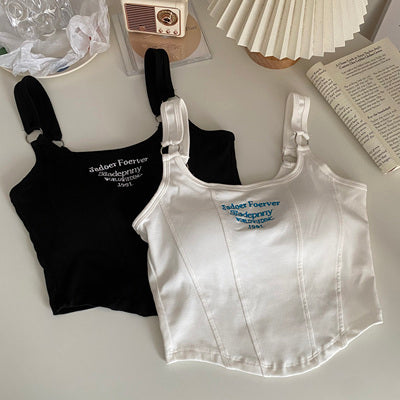 Letter Embroidery Small Suspender Vest Women Slim Short Outer Wear Top