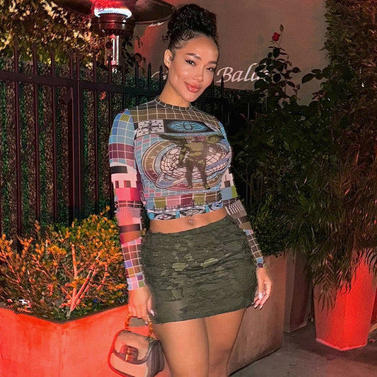 Fashion Personality Round Neck Long Sleeve Tight Midriff-baring Top Women